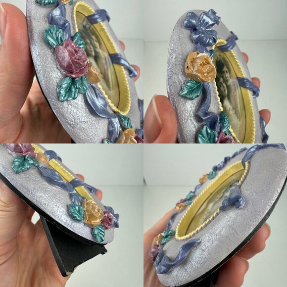 Vtg Tabletop Oval Mini Pic Frame Iridescent Purple w 3D Roses Flowers Ribbons - Picture 9 of 13